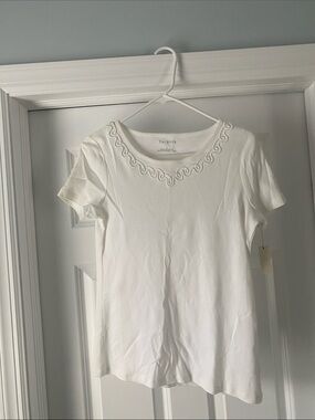 Talbots White Short-Sleeve Tee with Embroidered Scoop Neck